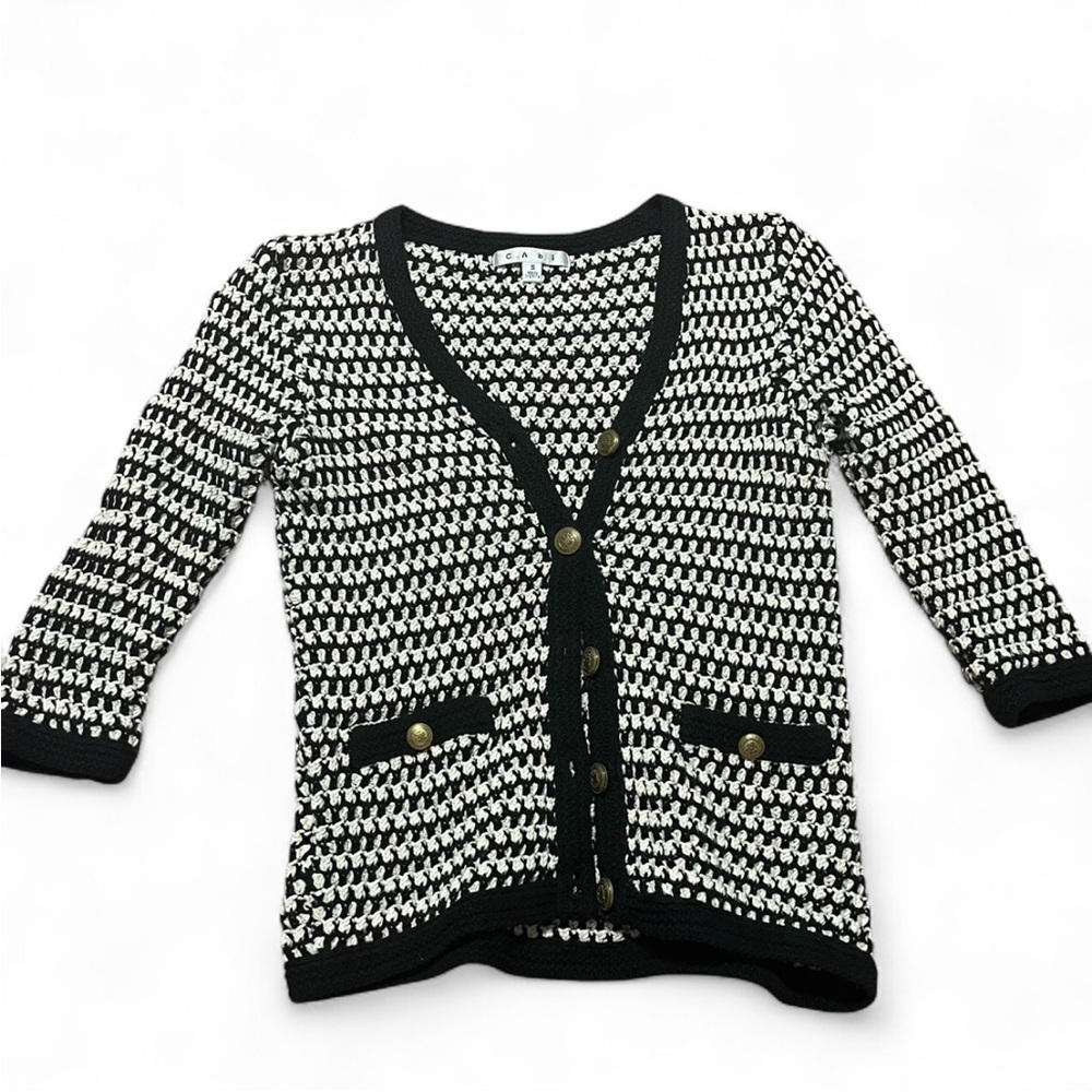 CAbi Black and White Knit Cardigan Sweater Size Small Gold accents 100% Cotton